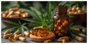 CBD capsules and softgel supplements in amber bottle with hemp leaves in background