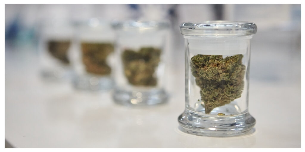Closeup shot of a cannabis flower in a small glass jar on a white surface