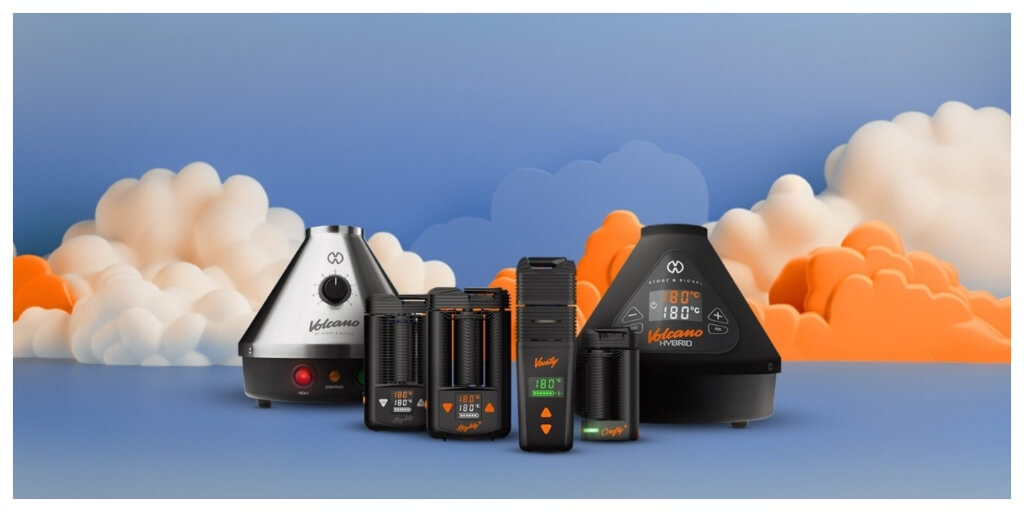 Storz&Bickel vaporizer collection in front of orange and blue cloud background