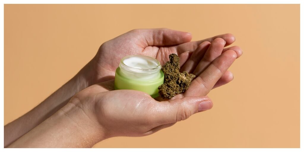 cbd cream for skin treatments, hands holding cbd for herpes cream with two cannabi buds