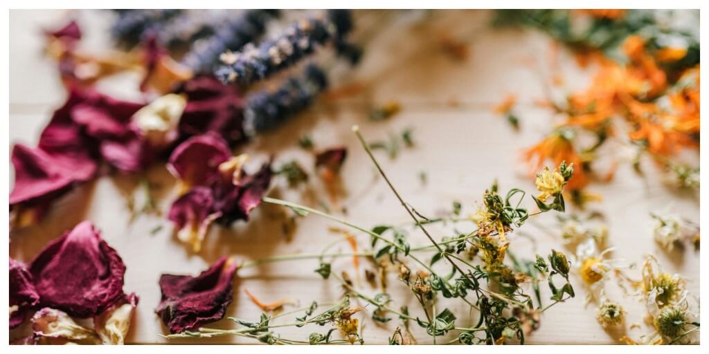 dried herbs on table, herbal blends for anxiety