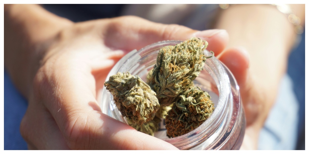 holding an open jar of cbg flower buds