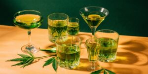 cbd summer drink setup, cocktail glasses with cbd drink on table with good lighting